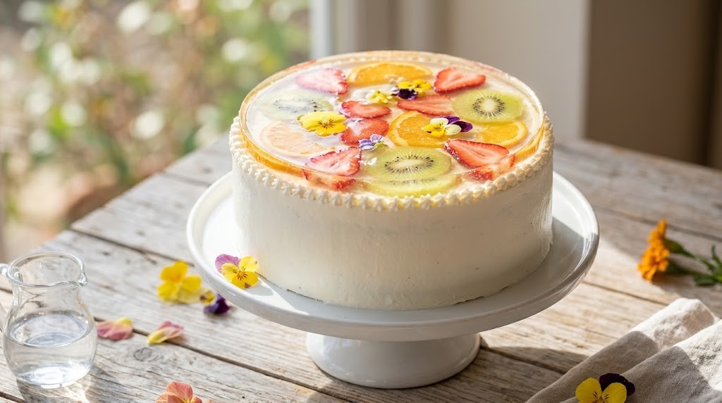 Hyperrealistic cakes with a clear gelatin window of fruit slices and flowers on top