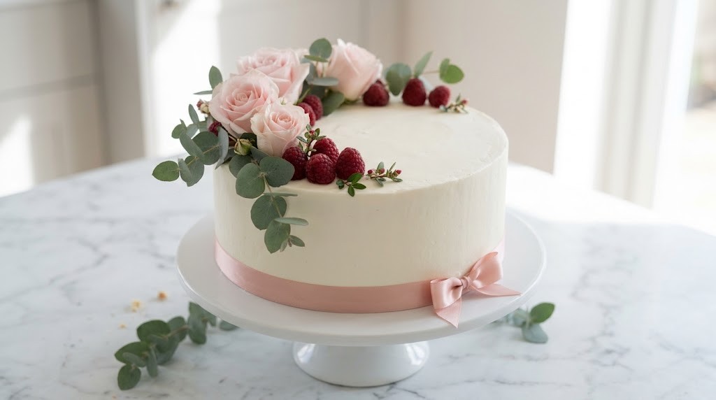 Plain white cake dressed up with pink roses, berries and a satin ribbon