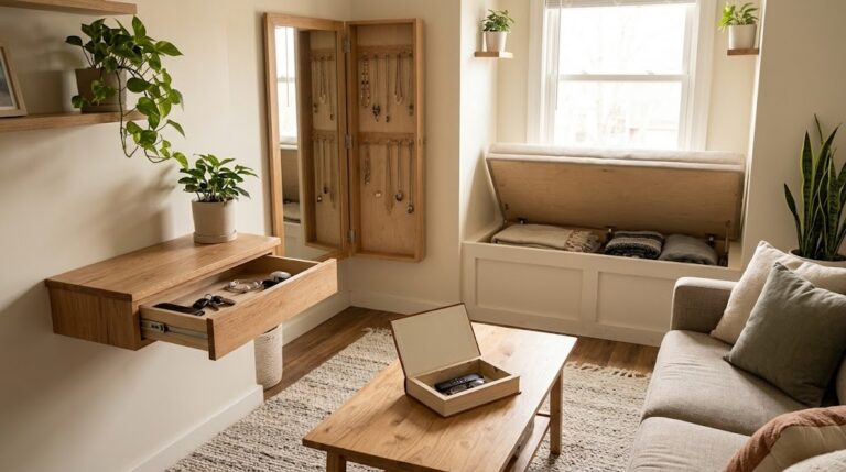 Secret compartment ideas in a living room: floating shelf drawer, book box and window seat all open