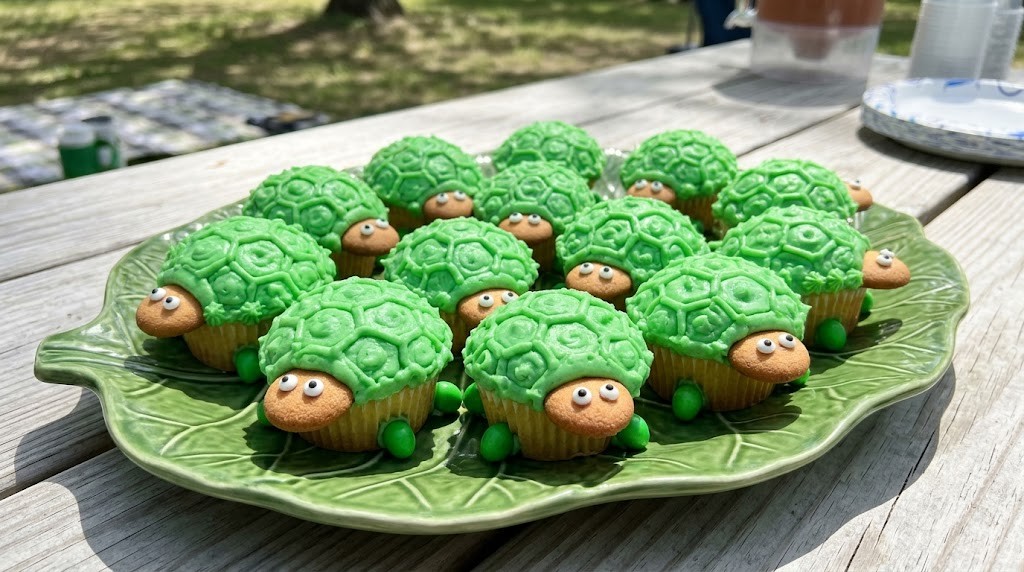 Hyperrealistic cakes for kids: turtle cupcakes with green shells on a leaf plate