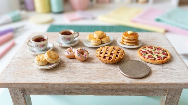 Miniature food crafts on a tiny table: teacups, biscuits, donuts, a lattice pie, pancakes and a pizza