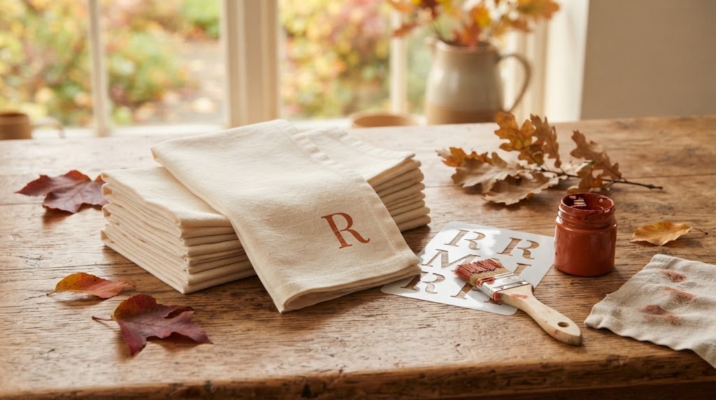 Cream linen napkins stenciled with a rust orange letter monogram