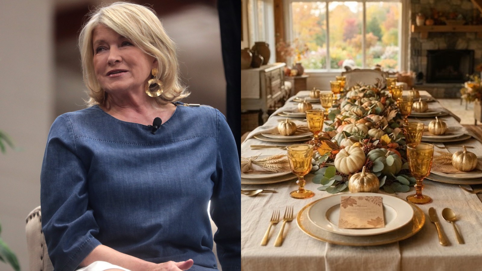 Martha Stewart Thanksgiving inspiration: Martha Stewart on the left and an AI image of an elegant autumn table with gilded pumpkins on the right