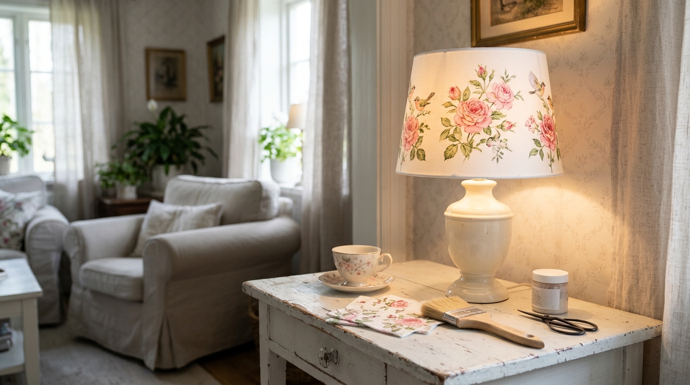 Lamp makeover ideas with a decoupage rose napkin shade on a cottage side table