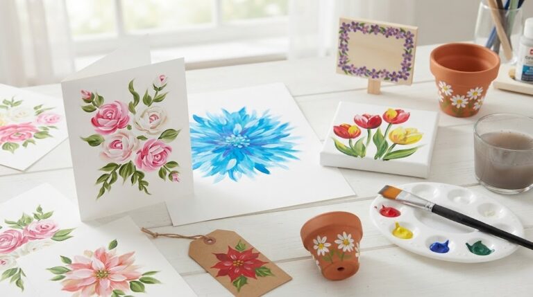 One stroke painting projects on a table: rose cards, a blue burst flower, tulips, a poinsettia tag and painted flower pots