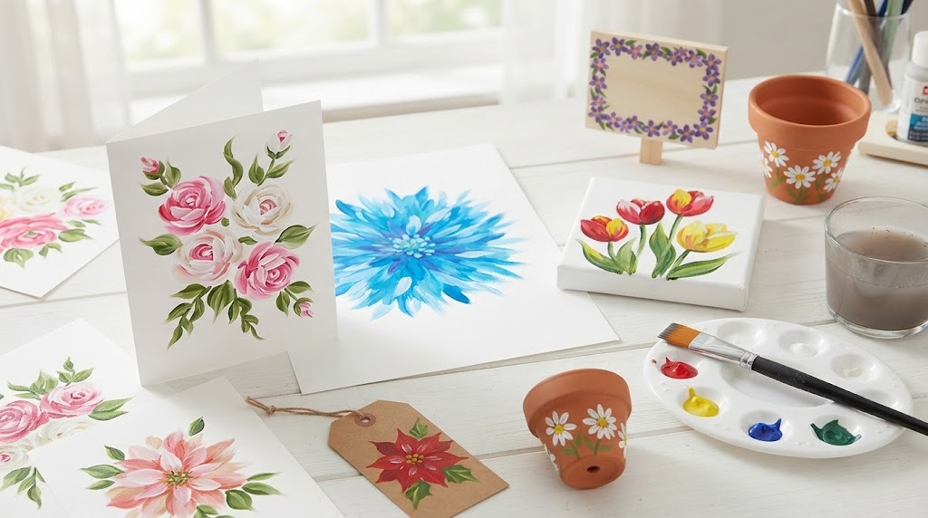 One stroke painting projects on a table: rose cards, a blue burst flower, tulips, a poinsettia tag and painted flower pots