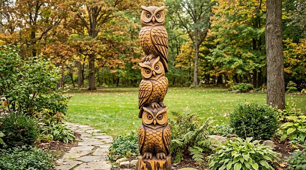 Tree stump carvings of three stacked owls on one tall trunk in a backyard