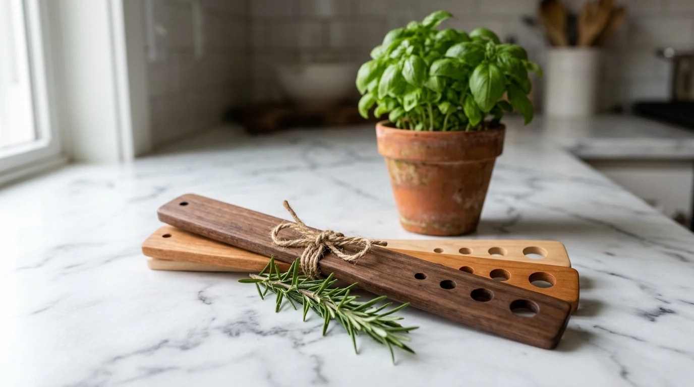 Set of three wooden herb stripper paddles tied with twine