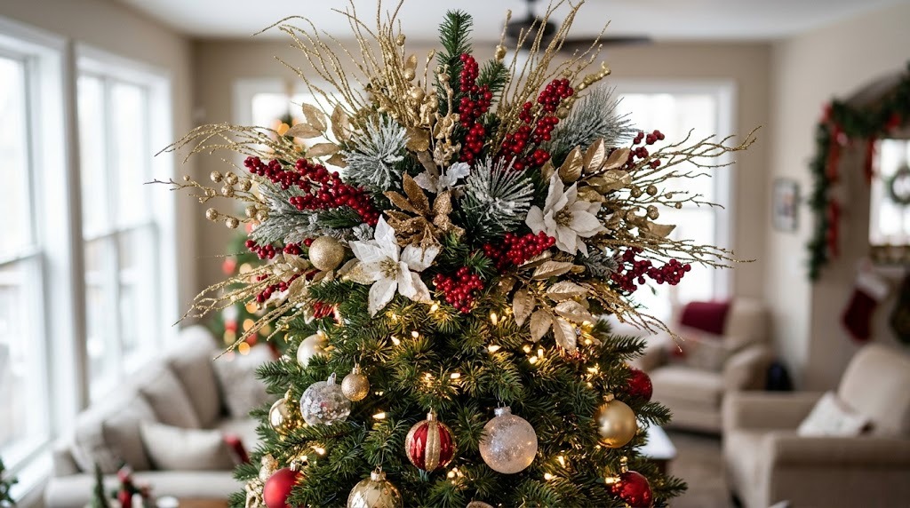 Christmas tree topper ideas with a burst of gold glitter sprays, red berries and white faux flowers