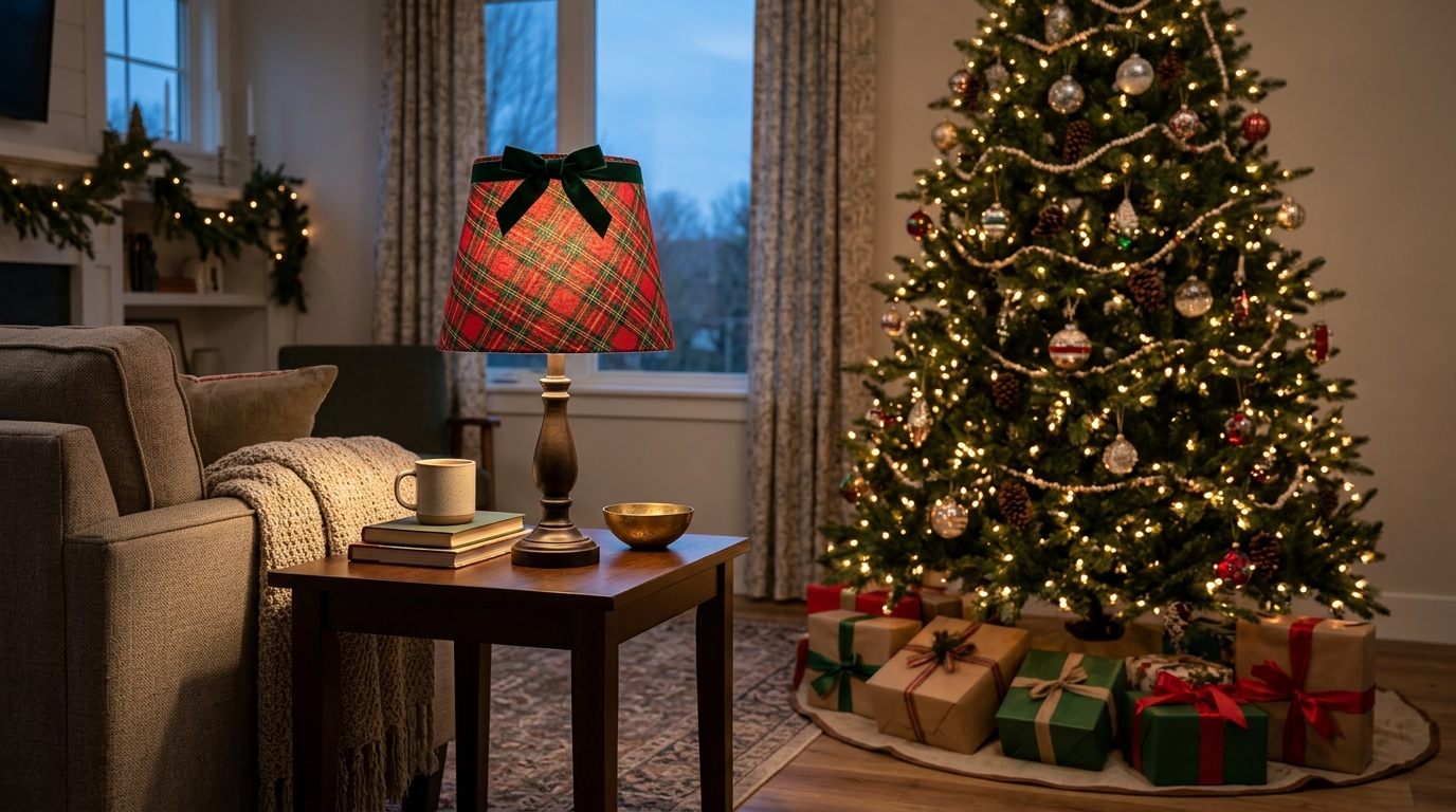 Lamp makeover ideas for Christmas with a red plaid shade cover beside a decorated tree