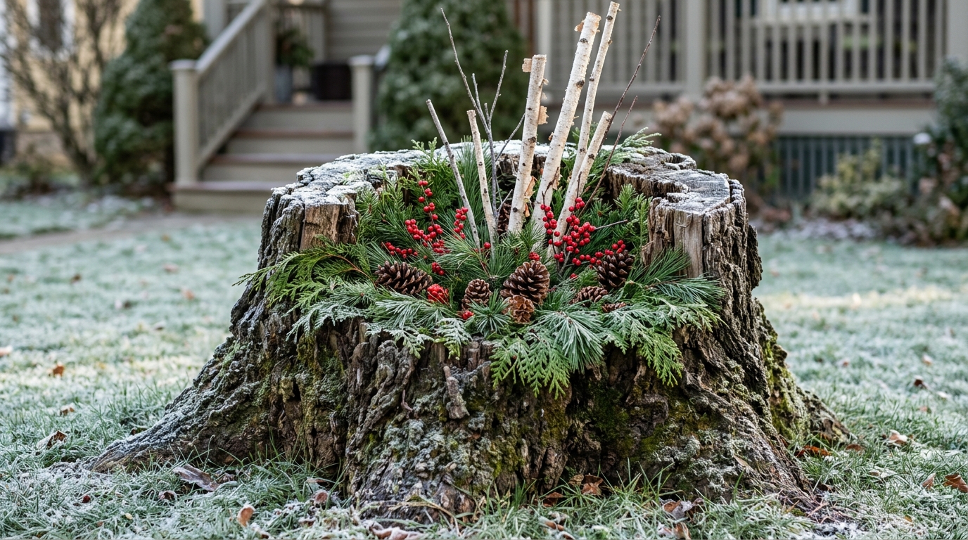 Tree stump carvings idea: hollow stump planter filled with evergreens, berries and birch twigs in frost
