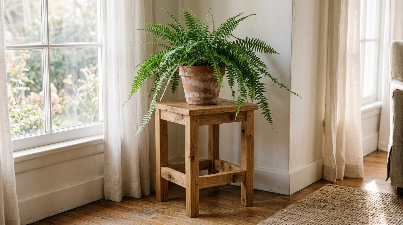 Scrap wood projects for beginners: a simple oak plant stand holding a fern