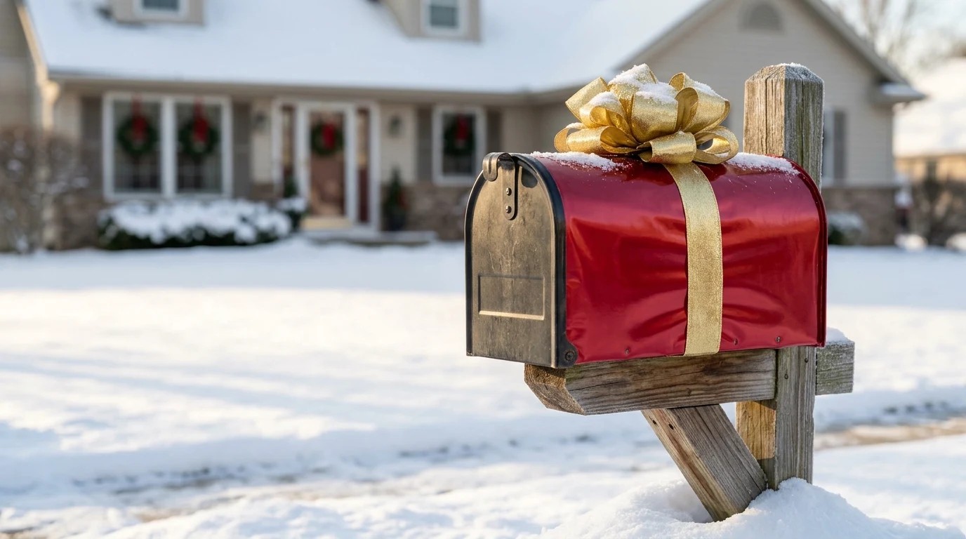 Christmas mailbox decor that makes the mailbox look like a red present with a gold bow