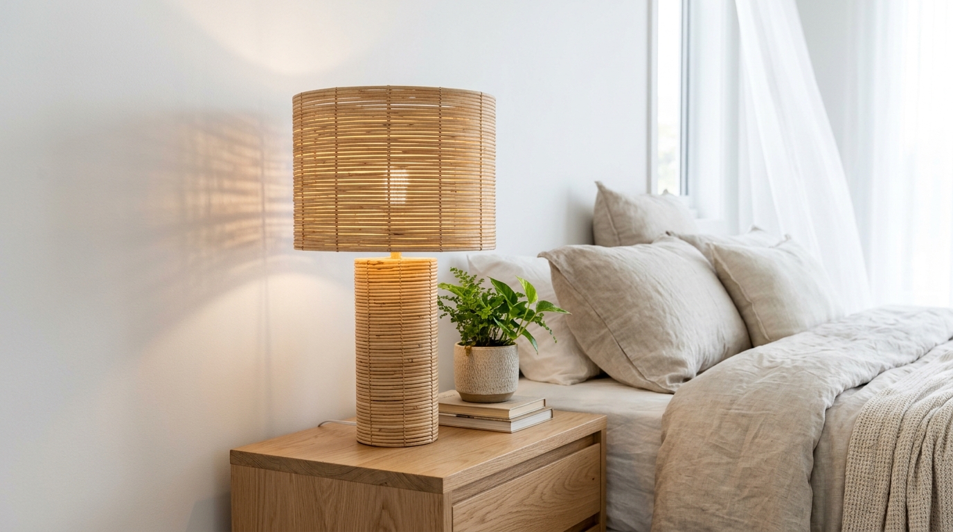 Lamp makeover ideas with a rattan wrapped drum shade on a coastal bedroom nightstand