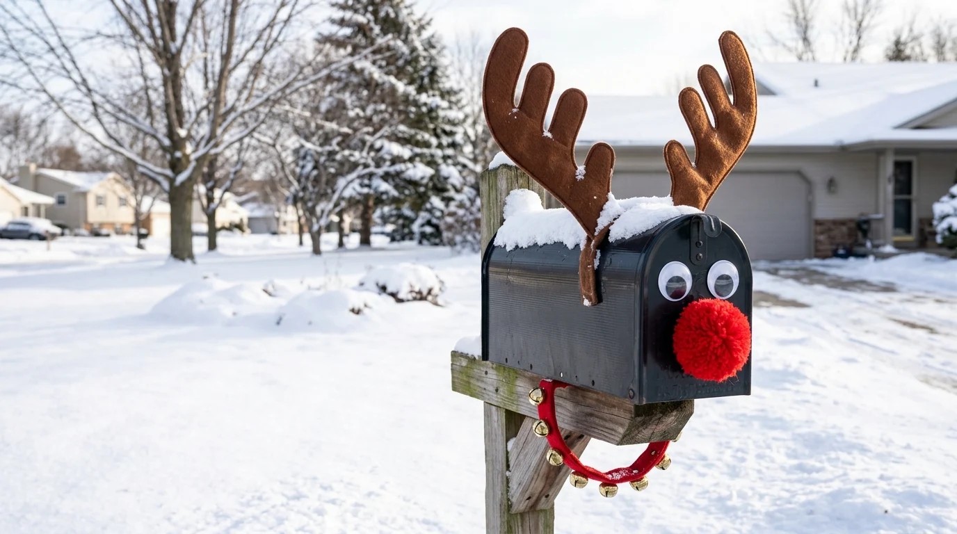 Mailbox dressed as a reindeer with felt antlers and a red pom pom nose