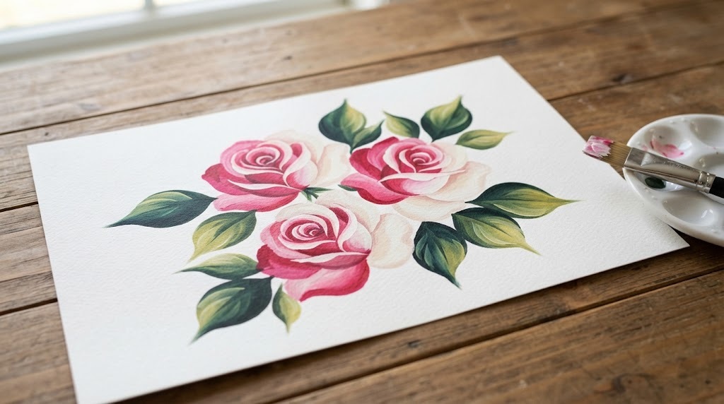 Three pink and white one stroke roses with green leaves on watercolor paper