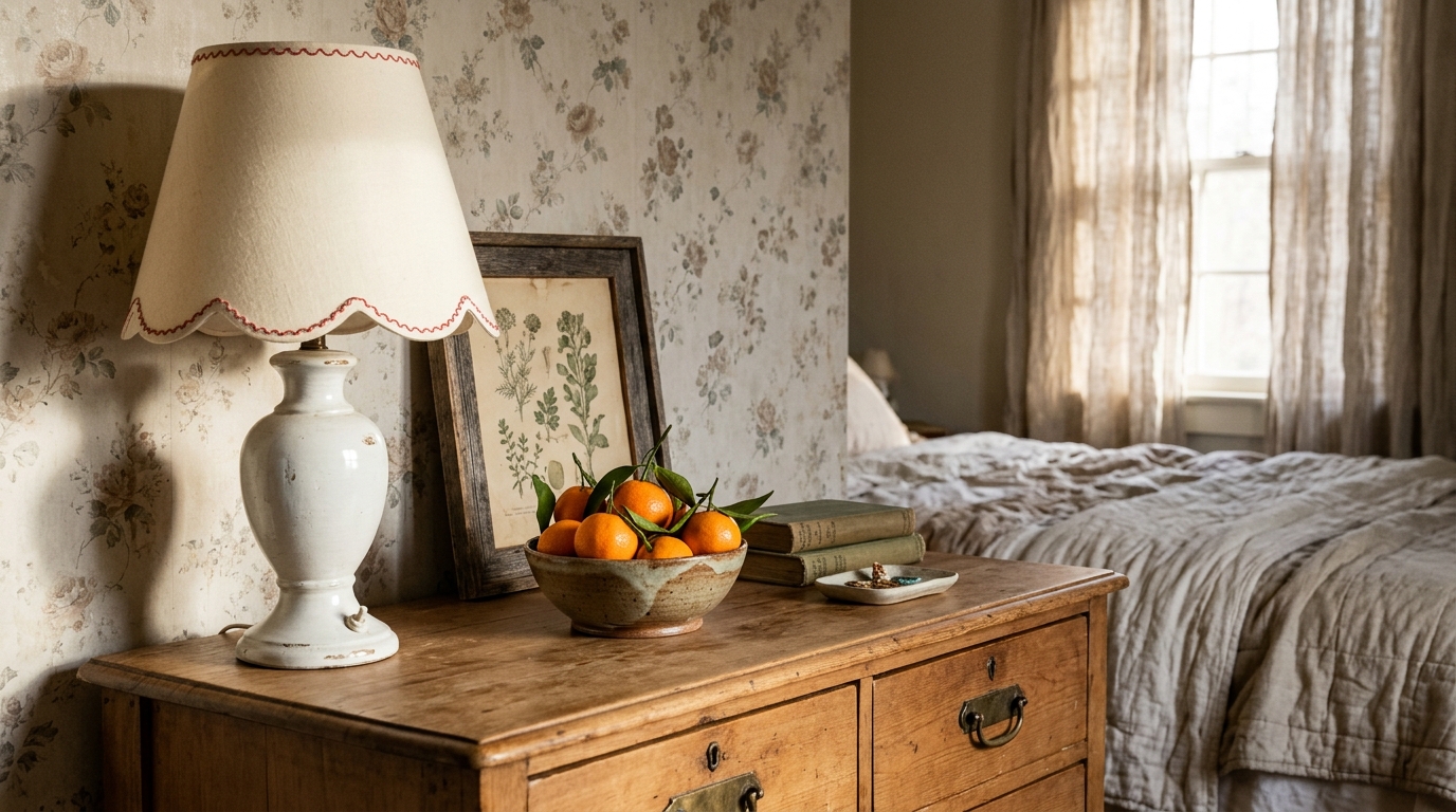 Cream lampshade with a red trimmed scalloped edge on a vintage dresser