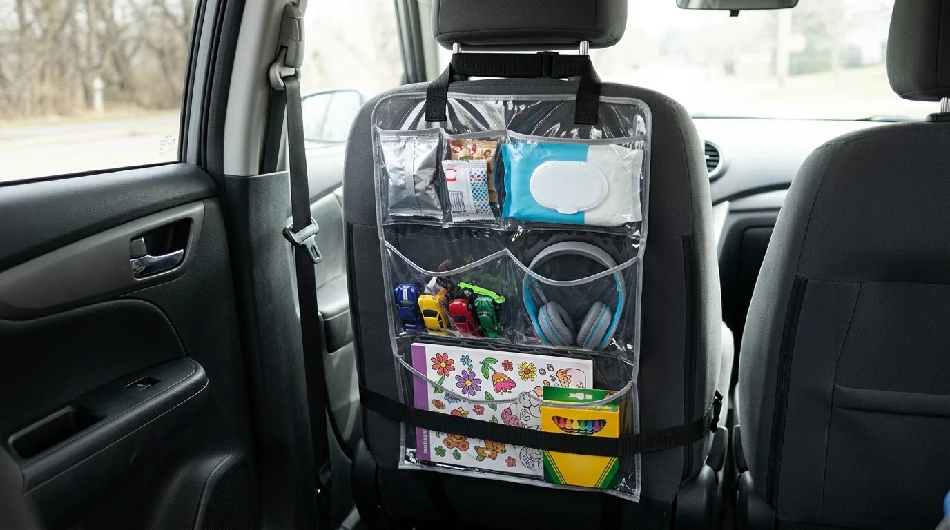 Clear shoe organizer strapped to a car seat back holding snacks, wipes and headphones