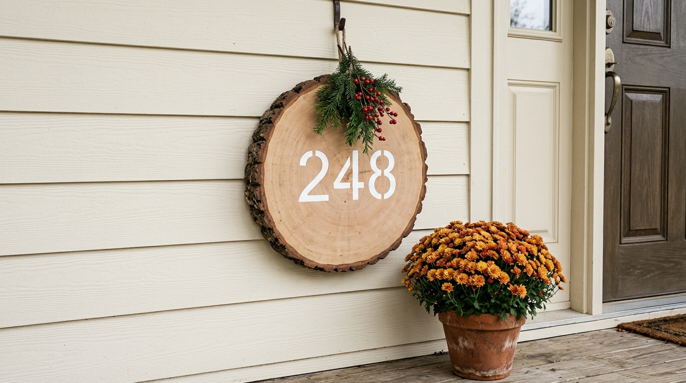 Round log slice house number sign with evergreen sprig beside a front door