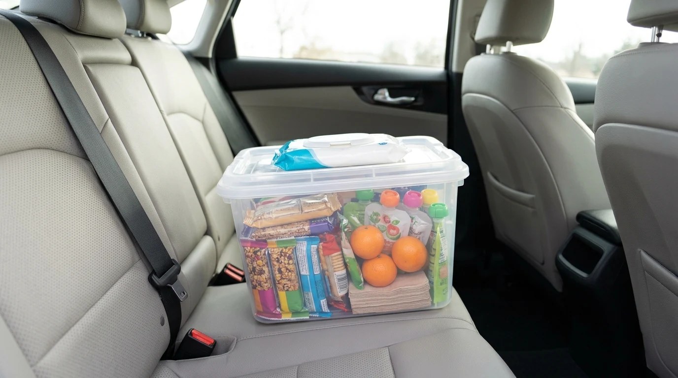 Car organization hacks for snacks: a clear lidded bin of snacks on the back seat