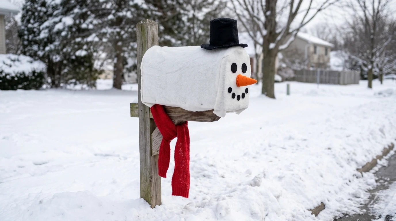 Christmas mailbox decor dressed as a snowman with a top hat and red scarf
