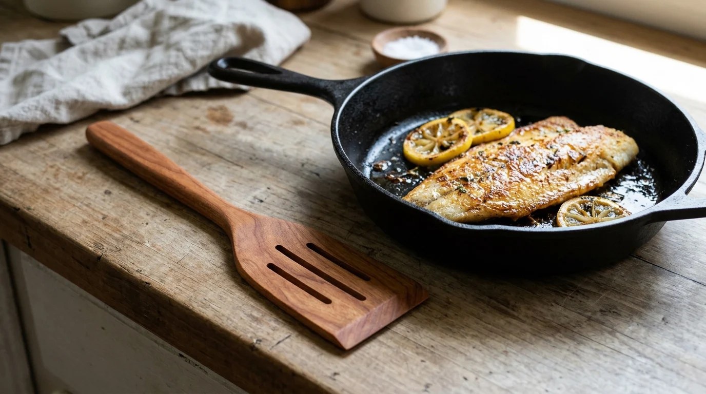 Slotted cherry wood fish spatula next to a pan of cooked fish
