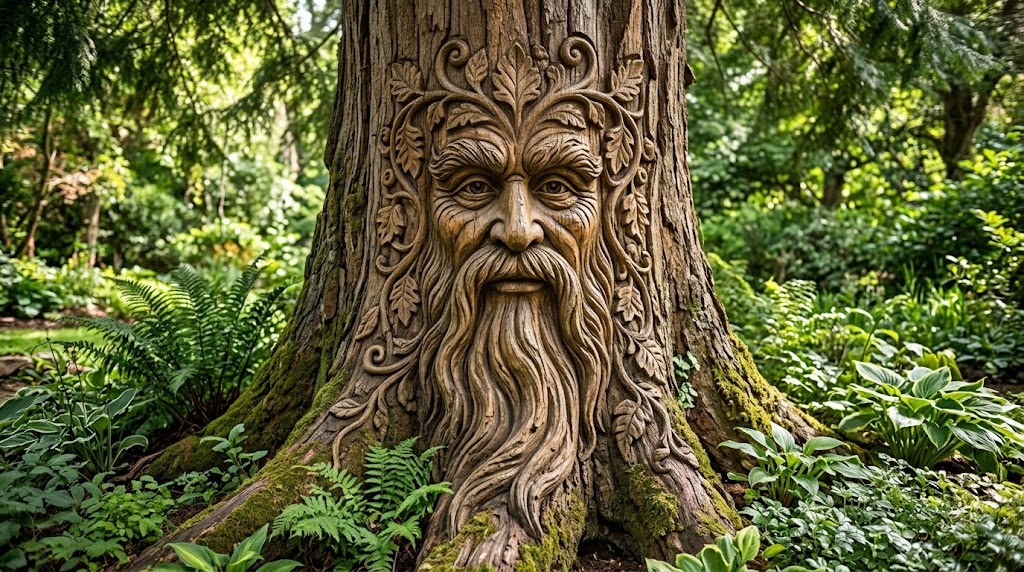 Tree stump carvings of a bearded wood spirit face in an old tree trunk with ferns