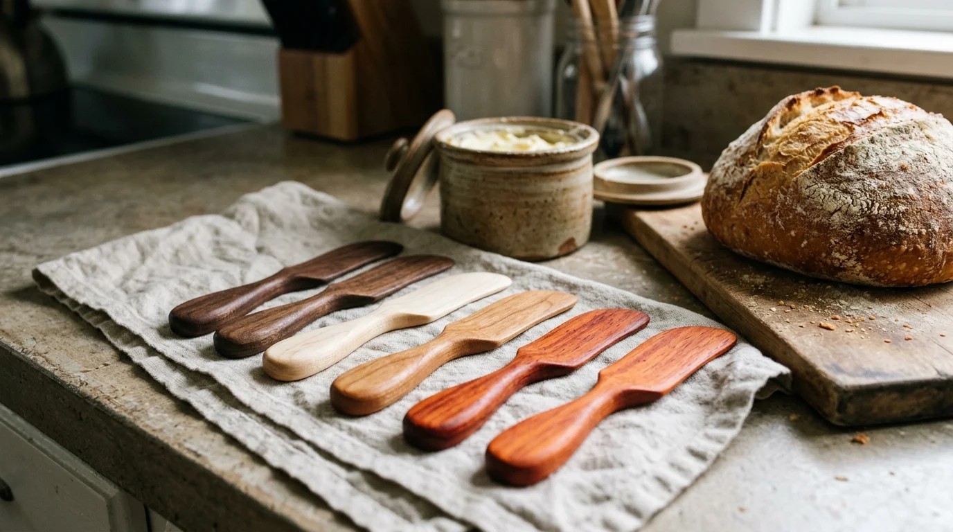Scrap wood projects that went viral: butter spreaders in walnut, maple, cherry and padauk