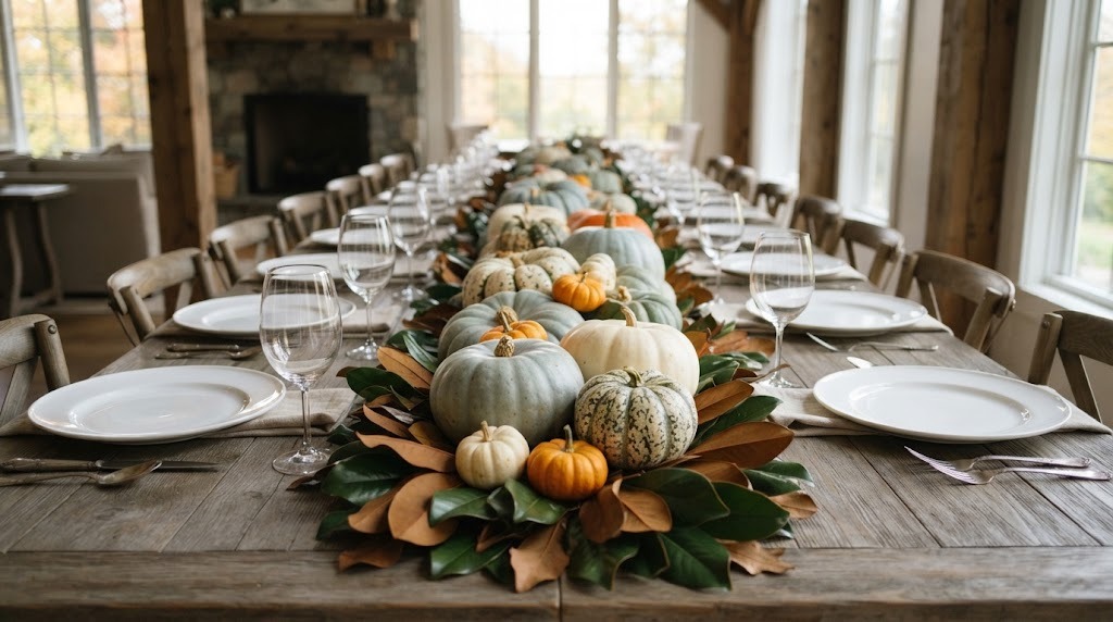 Martha Stewart Thanksgiving squash runner with heirloom pumpkins on magnolia leaves