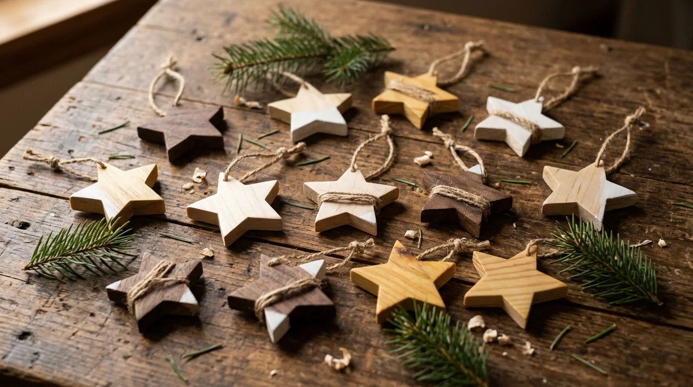 Small wooden star ornaments with twine loops on a rustic table