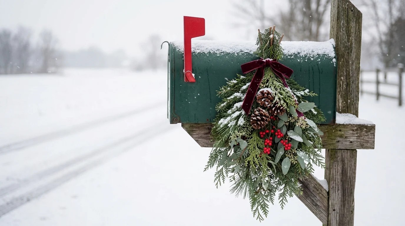 Evergreen swag with pine cones and a burgundy bow on a green mailbox