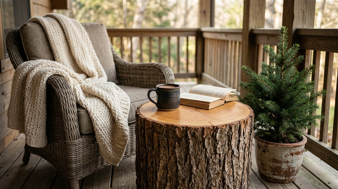 Rustic stump side table with a mug and book beside a porch armchair