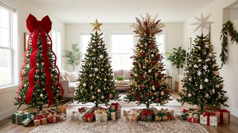 Christmas tree topper ideas on four trees: a giant red velvet bow, a gold glitter star, a floral pick burst and a paper Moravian star
