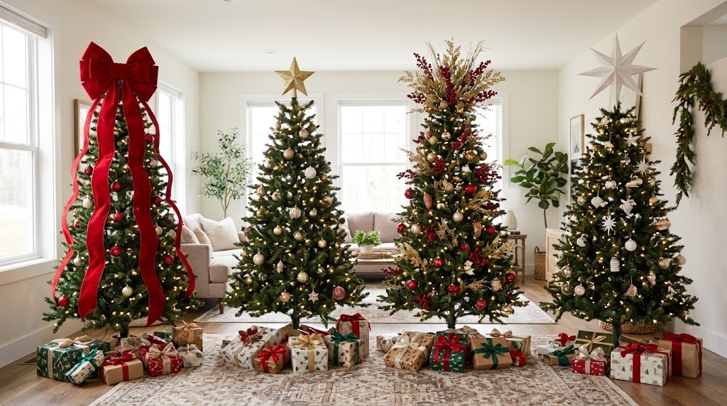 Christmas tree topper ideas on four trees: a giant red velvet bow, a gold glitter star, a floral pick burst and a paper Moravian star