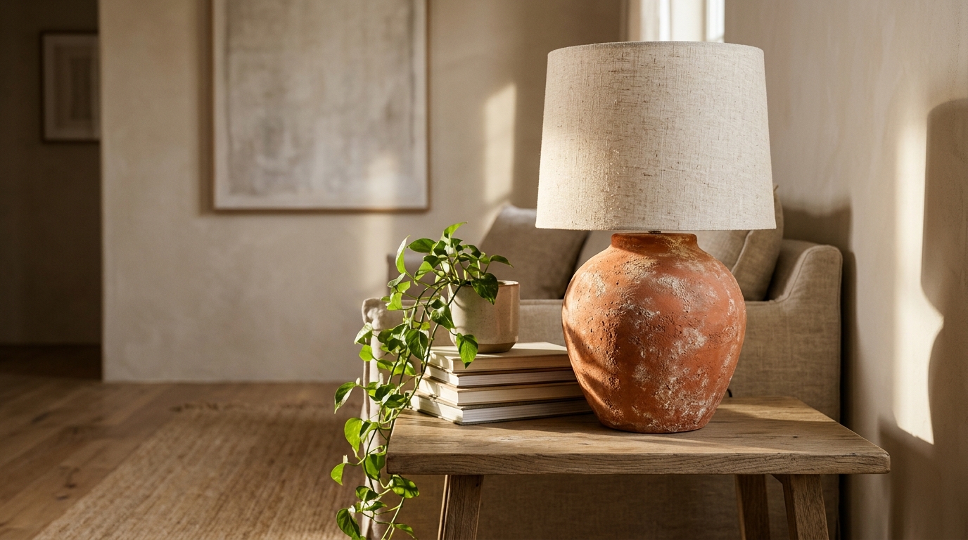 Rusty orange terracotta look lamp base with a linen shade on a side table