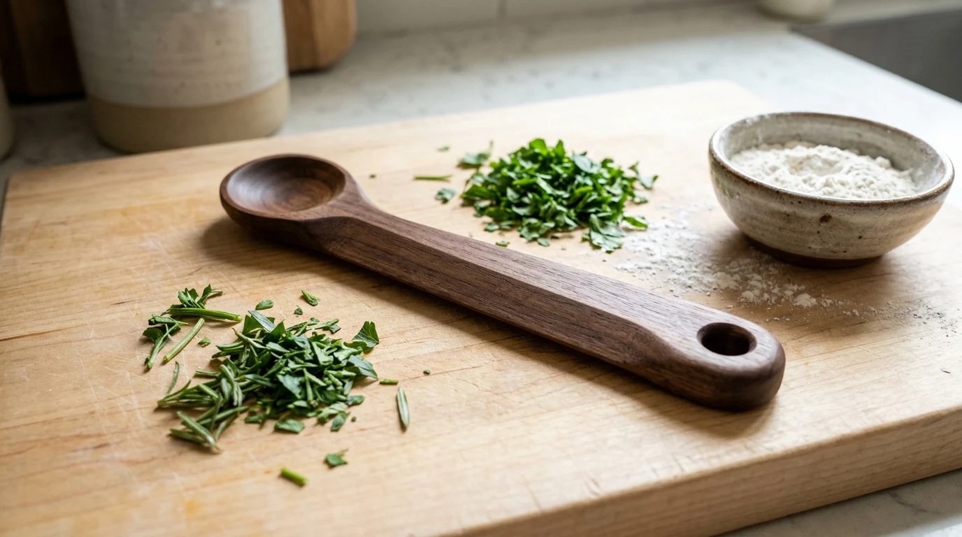 Walnut kitchen tool with a spoon end and a herb stripping hole on a cutting board