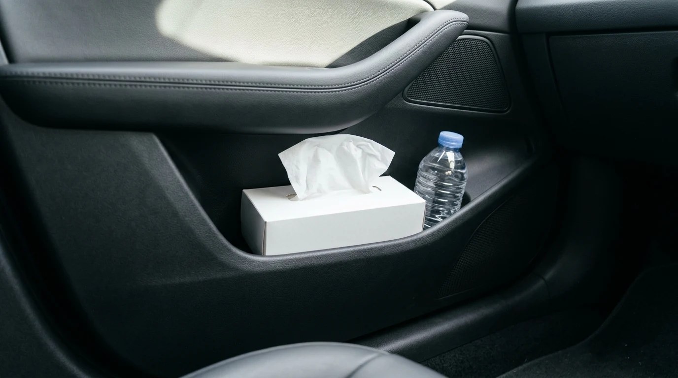 Slim tissue box tucked into a car door pocket