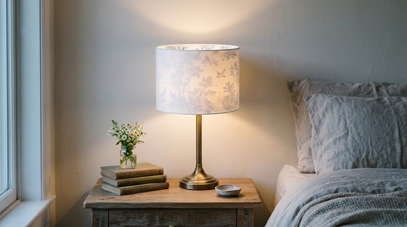 Lamp makeover ideas with a white shade lined in toile paper glowing on a nightstand