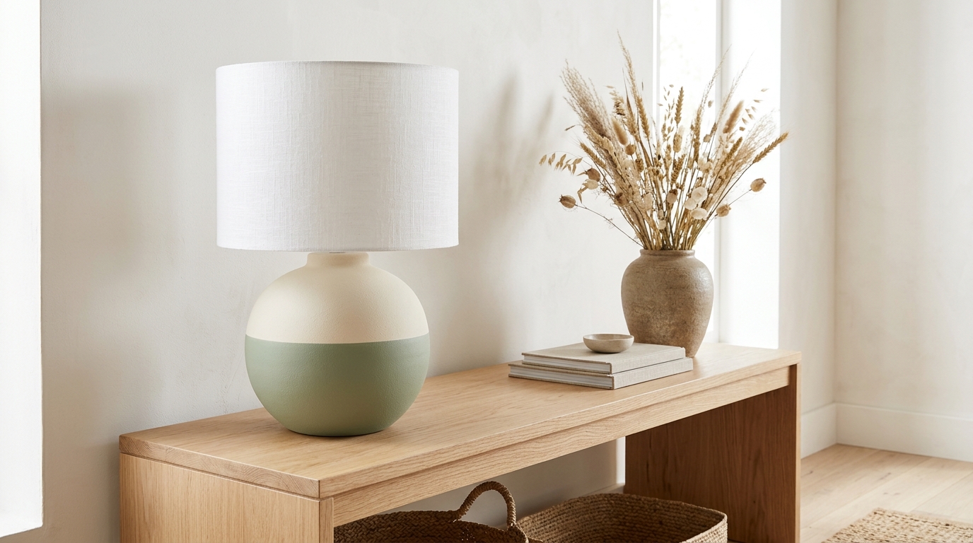 Two tone sage and cream painted lamp base on a light oak console