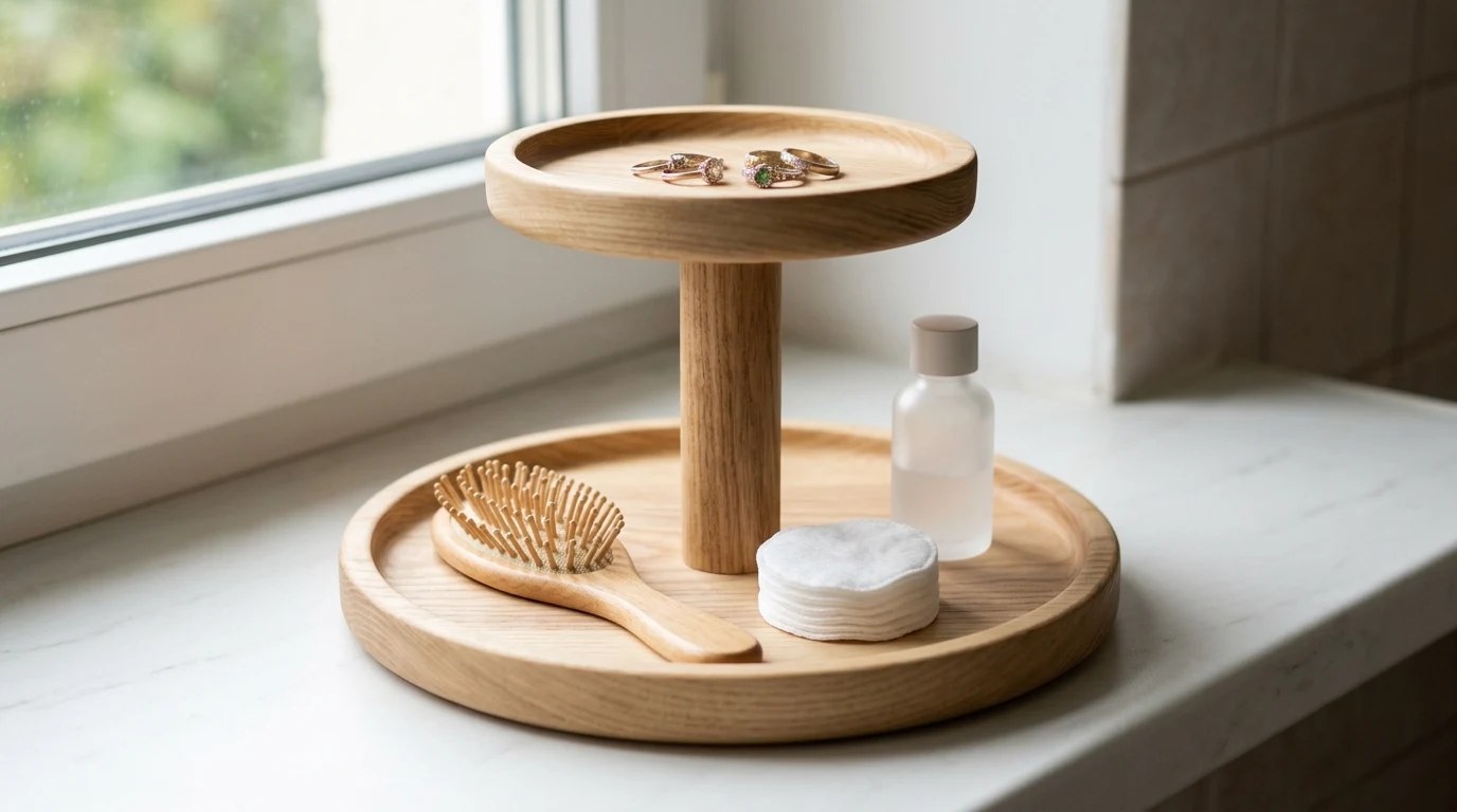 Two tier round wooden vanity organizer on a bathroom counter