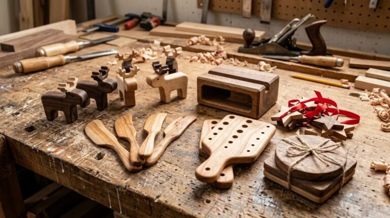 Scrap wood projects on a workbench: small wooden reindeer, butter spreaders, a phone amplifier, herb boards and coasters