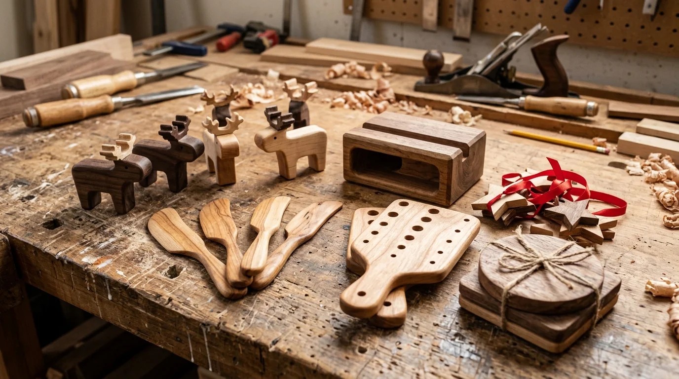 Scrap wood projects on a workbench: small wooden reindeer, butter spreaders, a phone amplifier, herb boards and coasters