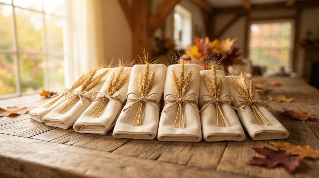 Linen napkins tied with dried wheat bundles and twine