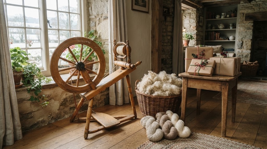 Antique wooden spinning wheel with handspun wool and gifts tied with twisted yarn cord