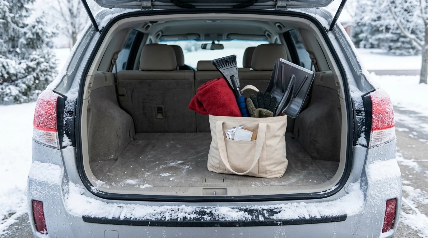 Winter car kit tote with a red blanket, ice scraper and small shovel in a snowy trunk