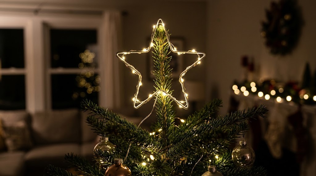 Christmas tree topper ideas that glow: a wire star wrapped in LED fairy lights