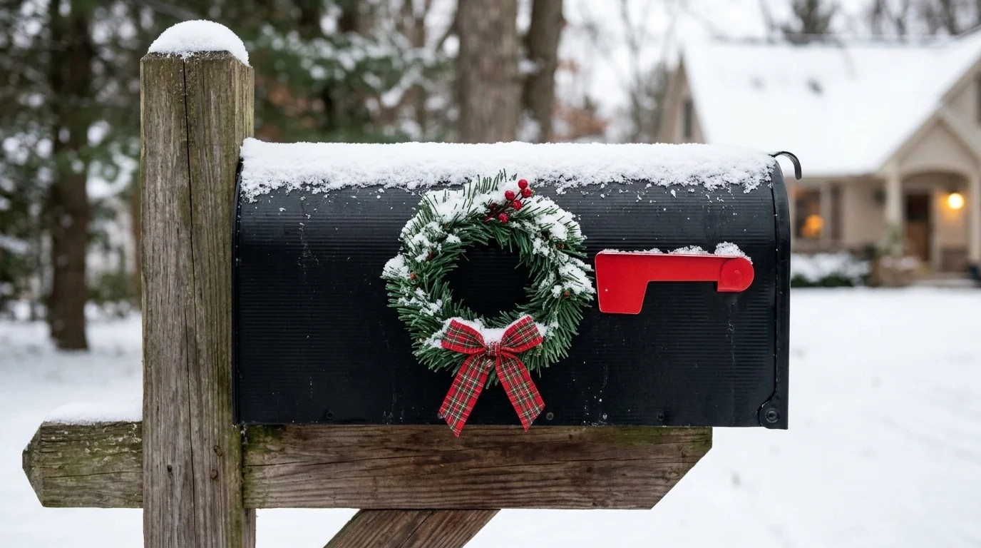 Christmas mailbox decor with a small wreath and plaid bow on the side of a black mailbox