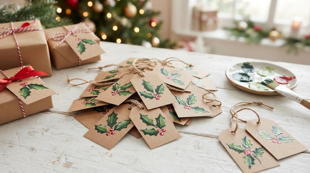 Kraft gift tags painted with holly leaves and red berries
