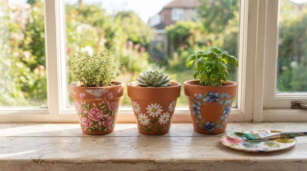 Three terracotta pots painted with roses, daisies and blue flowers on a windowsill