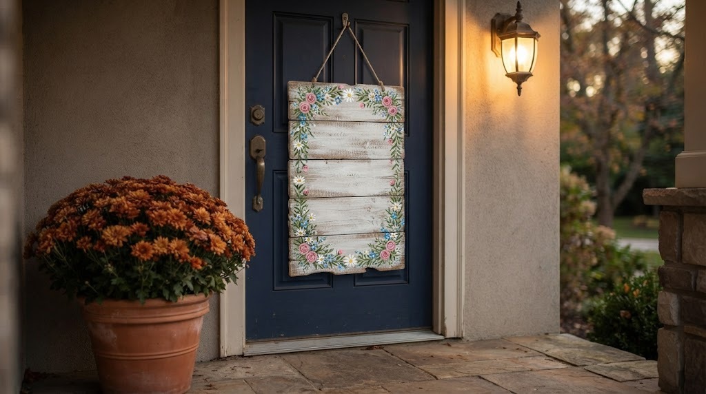 Whitewashed wooden sign with a painted flower border on a front door